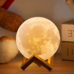 Lampe de chevet lune 3d - mhy� - 16 couleurs - rechargeable usb - support en bois - 12 cm - lumi�re douce ...