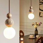 Lampe suspendue en travertin - mich - verre wabi - sabi - led 3000k - r�glable - travertin jaune - ampoule ...