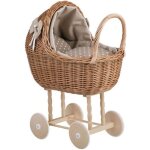 Landau - poussette beige pour poupe avec un poigne en osier et roues en bois