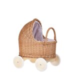Landau - poussette en osier naturel pour poupée avec roues en bois et tissu rose - pour poupées jusquà ... Landau - poussette en osier naturel pour poupée avec roues en bois et tissu rose - pour poupées jusquà ...