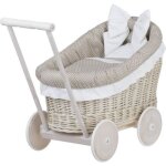 Landau - poussette pour poupe en osier blancpoigne et roues en bois avec tissu beige et blanc