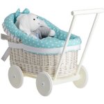 Landau - poussette pour poupe en osier blancpoigne et roues en bois avec tissu menthe et blanc