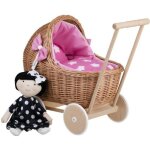Landau - poussette pour poupée en osier et roues en bois avec tissu rose et blanc Landau - poussette pour poupée en osier et roues en bois avec tissu rose et blanc