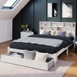 Lit en bois massif - blanc - 140x200cm - avec tiroirs - sommier inclus - style contemporain
