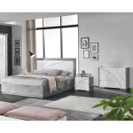 Lineal - chambre 160x200cm blanche et gris bton lit avec leds + 2 chevets + commode