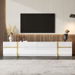 Linhoo meuble tv luxe 180x40x38cm blanc haut brillant avec bordures dor�es 4 tiroirs + 2 portes