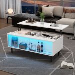 Linkhoo table basse r�glable en hauteur avec espace de rangement cach� �clairage led 4 pieds 105 x 50 ...