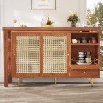 Linkhoo table haute pivotante � 360� meuble rangement avec porte en rotin + �tag�re stockage ouverte ...