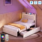 Lit 1 personne 90x200 cm avec sommier led et usb tpye c lit coffre avec 2 tiroirs de rangement lit une ...