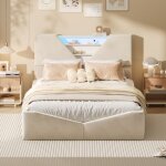 Lit 140�190 cm en velours beige clair avec v�rins � gaz t�te de lit avec rangement int�gr� et bande led ...