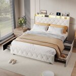 Lit 140x190 cm avec 4 tiroirs - led et usb - t�te de lit rangement - lit 2 personnes avec sommier - lit ...