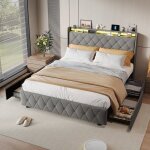 Lit 140x190 cm avec 4 tiroirs - led et usb - t�te de lit rangement - lit 2 personnes avec sommier - lit ...