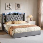 Lit coffre - 140x190 cm - tissu velours gris - led int�gr�e - sommier � lattes inclus