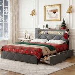 Lit 140x190 cm - cozy - velours gris - 4 tiroirs - led int�gr�e - design capitonn�