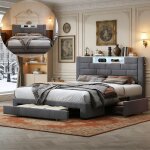 Lit 140x190 cm - design scandinave - led int�gr�e - 3 tiroirs - rangement intelligent