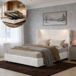 Lit coffre - 140x190 cm - velours c�tel� blanc - t�te de lit led & usb - sommier � lattes