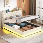 Lit 140x190 cm - nexu - led int�gr�e - rangement coffre - 2 places - beige