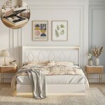 Lit 140x190 cm nmonet led sommier � lattes cadre de litcoffre 140x190 coffre tissu en velours blanc