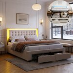 Lit coffre 140x190 cm - drelygwea - velours beige - led - cadre de lit 140x190 - lit double 140x190 - ...