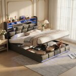 Lit coffre 140x190 noir - t�te de lit pu avec usb & led r�glable sommier � lattes 2 places