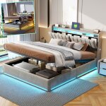 Lit 140x190 coffre led - t�te de lit capitonn� avec rangement & usb / type - c - cadre de lit double ...