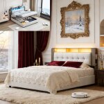 Lit 140x190 - drelygwea - coffre avec led - tissu velours blanc cass� - rangement int�gr� - 2 places