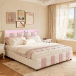 Lit 140x190 - pocketpop - velours blanc et rose - cadre de lit avec sommier � lattes en bois - usb et ...