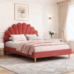 Lit 140x190 - pocketpop - velours bordeaux - t�te de lit en forme de p�tale - cadre de lit avec sommier ...