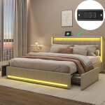 Lit 140x190 avec sommier et rangement avec led et usb cadre de lit pour adulte / ado lit rembourr� 2 ...