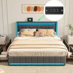 Lit 140x190 avec sommier et rangement avec led et usb cadre de lit pour adulte / ado lit rembourr� 2 ...