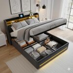 Lit 140x1900cm - lit coffre 140x190 et sommier - t�te et pied de lit led rgb prises usb / type - c et ...