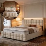 Lit 140x200 cm led sommier � lattes 4 tiroirs tissu en lin cadre de lit double 140x200 beige