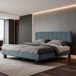 Lit 140x200 cm lit capitonn� lit double avec sommier � lattes lit adulte pour 2 en m�tal montage facile ...