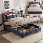 Lit 140x200 cm - ravas - lit coffre - t�te de lit capitonn�e - �clairage led - velours gris