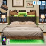 Lit 140x200 cm avec sommier led et usb - lit flottant 2 personnes - t�te de lit rembourr�e avec rangement ...