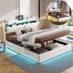 Lit 140x200 coffre led - t�te de lit capitonn� avec rangement et usb / type - c - lit double avec sommier ...