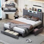 Lit 140x200 avec led rgb & charge usb / type - c & 3 tiroirst�te de lit avec rangementlit coffre avec ...