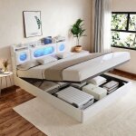 Lit 140x200 avec led et usb lit coffre avec sommier et rangement �tag�res ouvertes et t�te de lit rembourr� ...