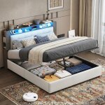 Lit double 140x200 cm avec rangement - andeonline - lit coffre avec led et recharge sans fil - avec sommier ...