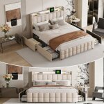 Lit 140x200cm - lit led avec ports 2 usb et 2 prise europ�enne - 4 tiroir - tissu en lin - cadre de lit ...