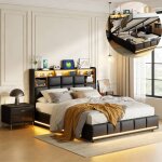 Lit 160�200 avec led et ports usb t�te de lit capitonn� avec �tag�res ouvertes lit coffre 2 personnes ...