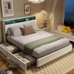 Lit 160 x 200 cm lit double capitonn� avec �clairage led 4 tiroirs structure de lit t�te de lit avec ...