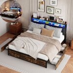 Lit 160 x 200 cm - ravas - t�te de lit avec rangement - �clairage led - structure en m�tal - 4 tiroirs ...