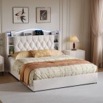 Lit coffre - lit coffre 160x190 cm - velours beige - led int�gr�e usb - coffre de rangement hydraulique ...