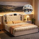 Lit 160x190 avec led et charge usb tpye c - lit coffre avec rangement et tete de lit bibliotheque - 2 ...
