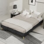 Lit 160x200 - lit adulte 160x200 cadre plateforme bas sommier � lattes tissu velours et structure m�tal ...