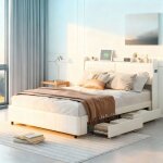 Lit 160x200 cm - cozy - blanc - 4 tiroirs - charge usb - t�te de lit avec veilleuse