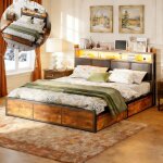 Lit 160x200 cm - design industriel - led - rangement - 300 kg de capacit�