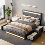 Lit 160x200 cm - lit double avec led et 4 tiroirs - lit adulte rembourr� - lit � lattes 160x200 cm - ...