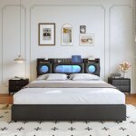 Lit 160x200 cm - leww - noir - coffre de rangement - led int�gr�e - lit coffre 160x200 cm